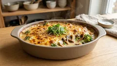 乳製品なしでもコク満点:きのことブロッコリーのみそ豆乳グラタン(長芋とろみ)