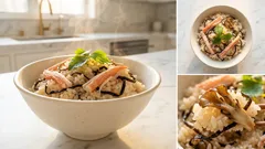 炊飯器にのせて炊くだけ。白だし香る「カニめしもどき」カニカマ×舞茸×塩昆布の炊き込みご飯