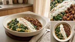 ひき肉と青菜をふっくら煮て、にんにくヨーグルトをたっぷり—ひき肉入りボラニ