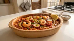 えびの殻だしで濃厚に仕上げる、ギリシャ風シーフード・ユベツィ(オルゾの煮込みパスタ)